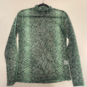 Dries Van Noten Sheer Mesh Long-sleeve Green Snake/Python Print Turtleneck